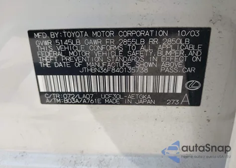 2004 Lexus Ls 430 z USA, uszkodzony, nr VIN JTHBN36F840135738